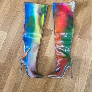 Thigh High Fashion Nova “Feather” Mulicolor Holographic Boots Size 8
